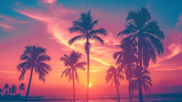 Siluetas de palmeras y un increíble cielo nublado al atardecer en una playa tropical con fondo de cielo rosado para viajes y vacaciones. Ilustración generada por IA