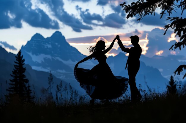 Foto las siluetas de la pareja de bodas bailan con gracia en las montañas.