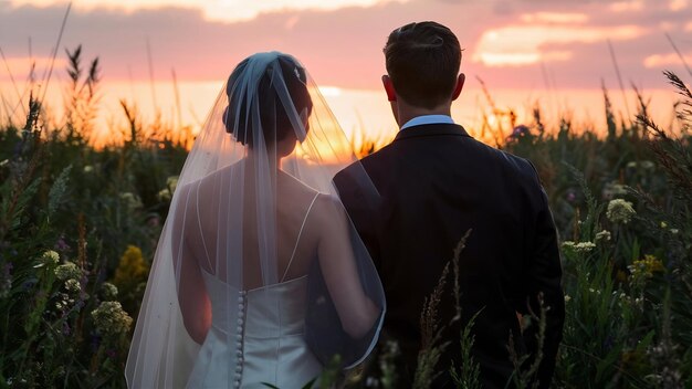 Siluetas de una pareja de bodas de pie en el campo de la noche