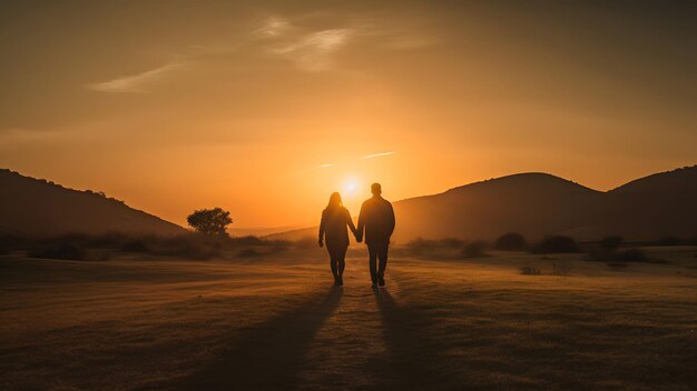 Siluetas de una pareja humana heterosexual tomados de la mano y caminando hacia el amanecer en el campo de verano Red neuronal generada en mayo de 2023 No se basa en ninguna escena o patrón de persona real