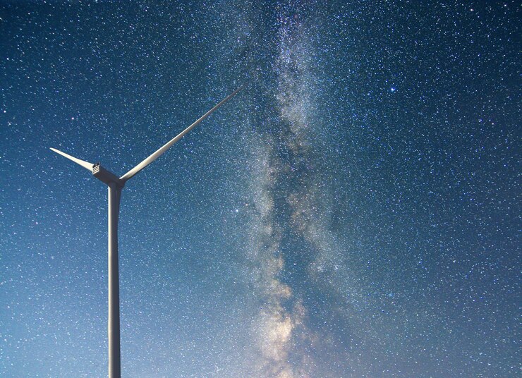 Foto siluetas de parques eólicos en el fondo del cielo estrellado