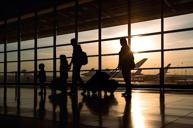 Siluetas de personas en el aeropuerto la familia va a abordar el avión AI generativo 3