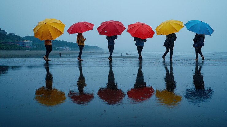 Siluetas de personas caminando con paraguas en la lluvia creando reflejos coloridos en el pavimento mojado