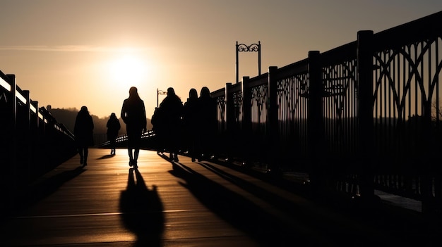 Siluetas de personas caminando en el puente sobre el fondo del atardecer ai generativo