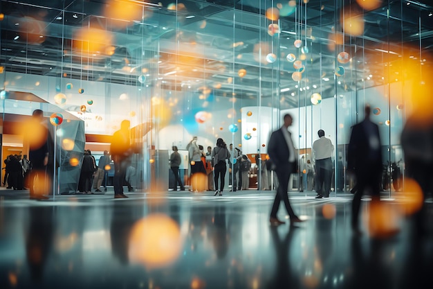 Siluetas de personas caminando en una sala moderna renderización en 3D