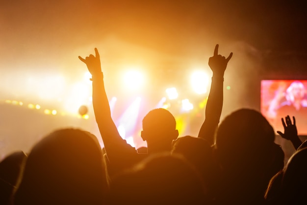 Siluetas de personas en un concierto frente a la escena con luz brillante