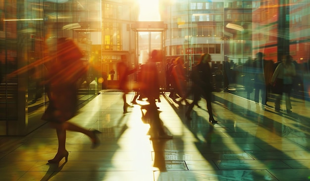 Siluetas de personas en un entorno urbano al atardecer El concepto de movimiento