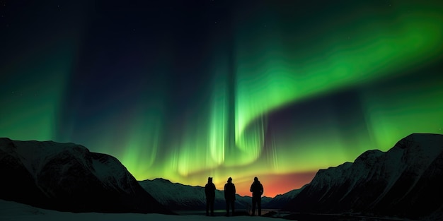 Siluetas de personas que observan una aurora un fenómeno natural de la aurora boreal en el cielo gener