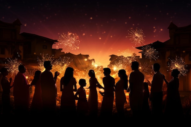 siluetas de personas que participan en una celebración comunitaria de Diwali