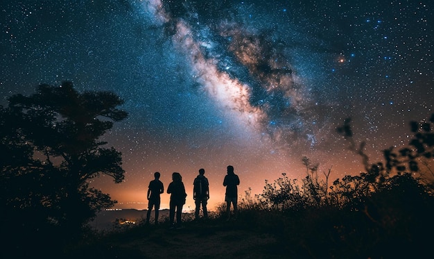 Foto siluetas de personas reunidas mirando al cielo lleno de estrellas y la vía láctea