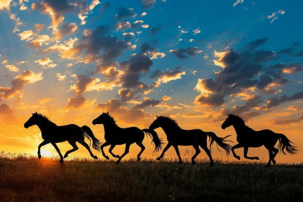 Siluetas de rebaños de caballos galopando por el campo al atardecer