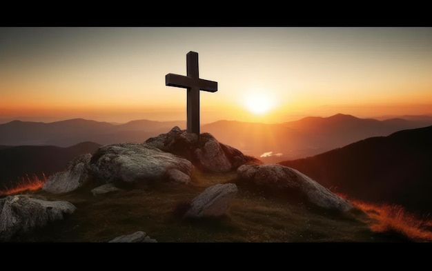 Foto siluetas del símbolo del crucifijo en la cima de la montaña con luz solar ia generativa