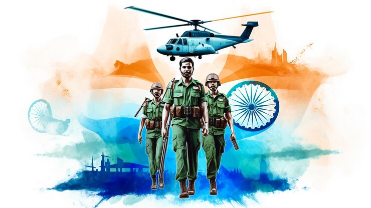 Siluetas de soldados con la bandera de la India en el fondo del atardecer Concepto Ejército indio EPS10 vec