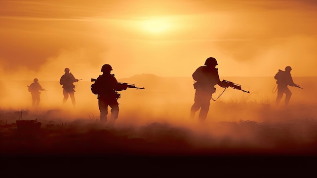 Siluetas de soldados del ejército en la niebla contra un equipo de marines al atardecer en acción rodeado de fuego y humo disparando con rifle de asalto y ametralladora atacando al enemigo