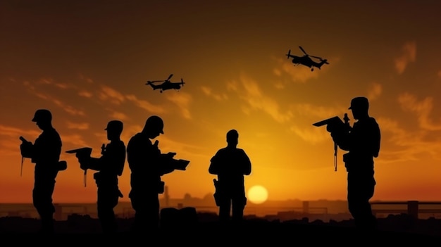 Siluetas de soldados que utilizan un dron y una computadora portátil para reconocimiento durante una operación militar contra una IA generativa al atardecer