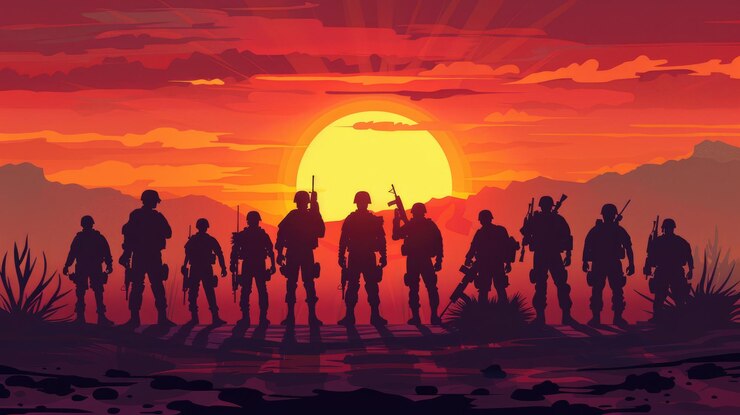 Siluetas de soldados sobre un fondo de la bandera de la India y la puesta o el amanecer Tarjeta de felicitación para la celebración del Día de la Independencia, el Día de la República de la India