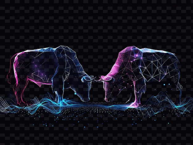 Siluetas de toro y oso con patrón geométrico de fondo con textura de neón gradiente de fondo Y2K