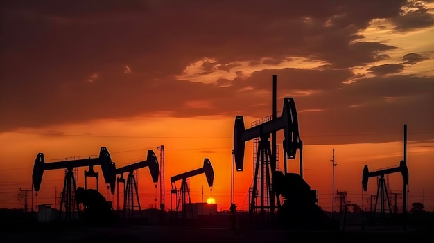 Foto siluetas de torres de perforación extrayendo petróleo al anochecer con la puesta de sol de fondo generada por ia