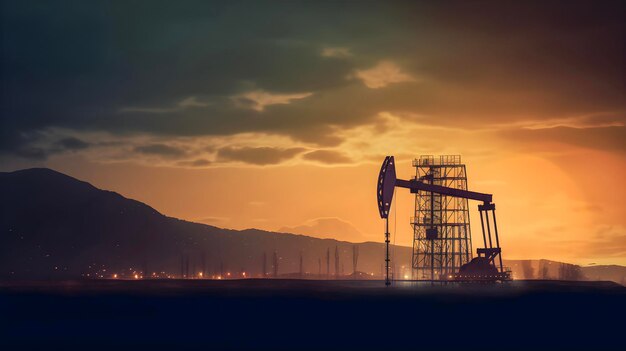 Siluetas de torres de perforación extrayendo petróleo al anochecer con el sol de fondo generado por IA