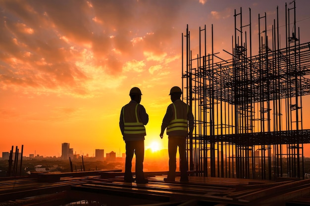 Siluetas de trabajadores en el sitio de construcción a la hora de la puesta del sol IA generativa