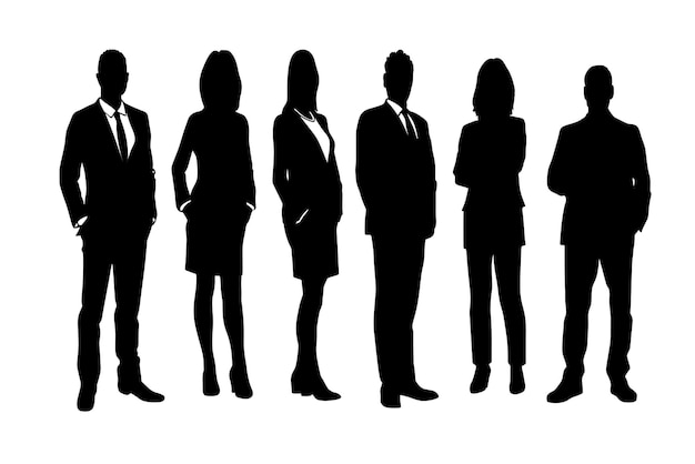 Siluetas unidas en fuerza de profesionales en vestimenta de negocios sobre un fondo blanco