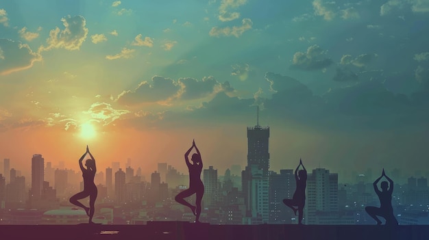 Las siluetas de yoga en los techos se fusionan con el horizonte de la ciudad destacando el bienestar urbano en el Día Mundial del Yoga Día Internacional del Yoga