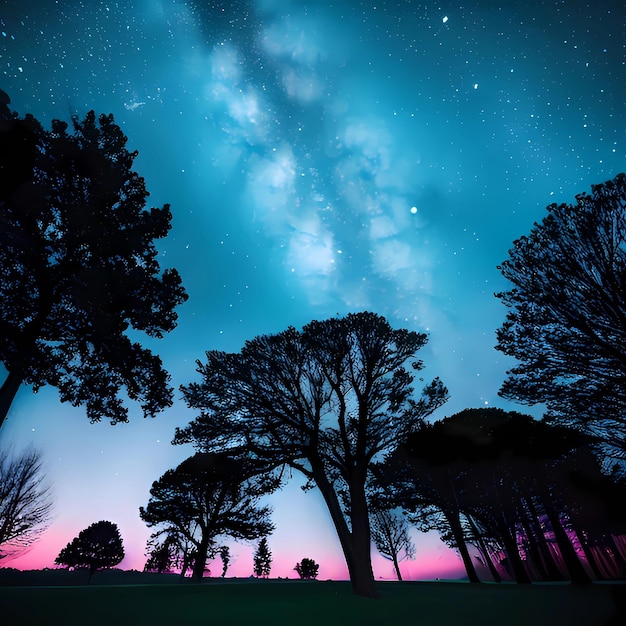 Siluetee los árboles contra el cielo en la noche