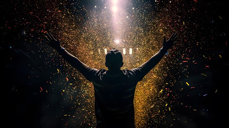 Foto siluetee a un hombre del escenario celebrando el éxito presenciado por miles de personas ai generativo