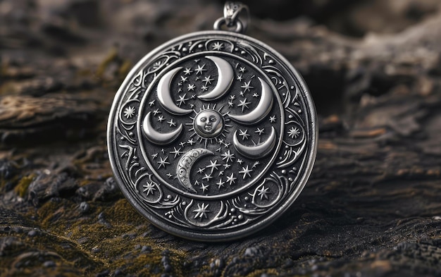 Foto silver amulet embossed lunar phases