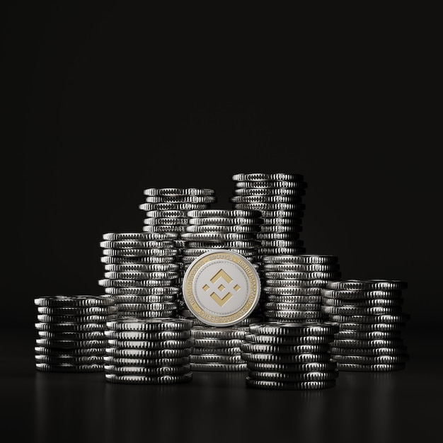 Silver Binance (BNB)-Münzen stapeln sich in der schwarzen Szene, digitale Währungsmünze für Finanz-, Token-Austauschförderung. 3D-Rendering