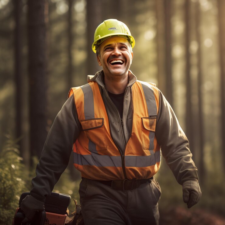 Foto silvicultor feliz trabalhando em uma floresta verde, ele está preservando o sentimento de alegria da natureza