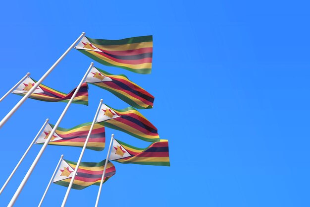 Simbabwe-Flaggen wehen im Wind gegen einen blauen Himmel d-Rendering