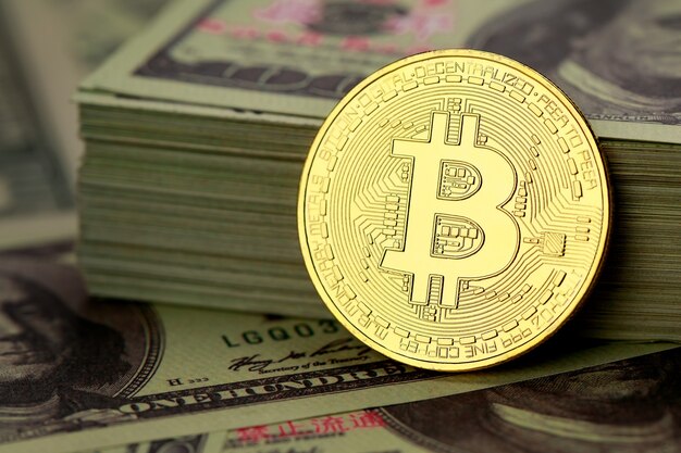 Foto simbios de monedas de criptomoneda sobre un montón de billetes de dólar. idea para blockchain, el nuevo tipo de dinero en la economía del mundo empresarial.
