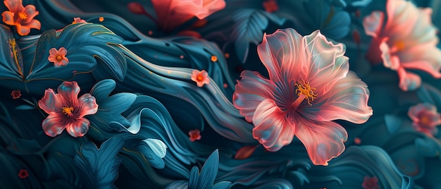 Foto simbiosis en diseños florales abstractos generados por aig flora y fauna interconectadas