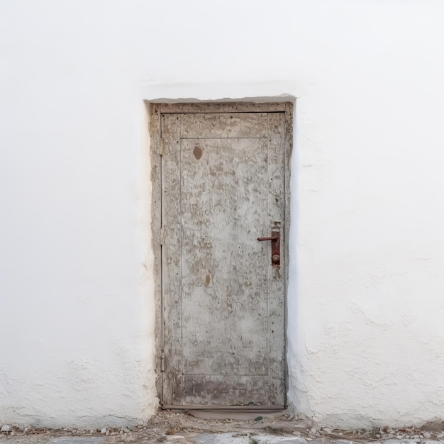 Foto simbólica puerta de madera en la pared blanca arte ortogonal melancólico