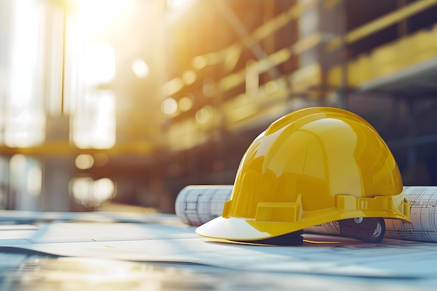 Simbolismo de un casco amarillo en los planos de construcción en la seguridad y planificación en el lugar de trabajo Concepto de construcción Los planos de construcción la seguridad en el sitio de trabajo