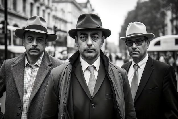 Simbolismo da máfia italiana Três homens de casacos e chapéus na rua