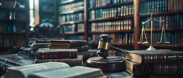 Simbolismo do Direito e da Justiça Livros jurídicos e martelo em uma mesa de biblioteca Conceito de Direito e Justiça Sistema jurídico Mesa de biblioteca Libros jurídicos Martelo