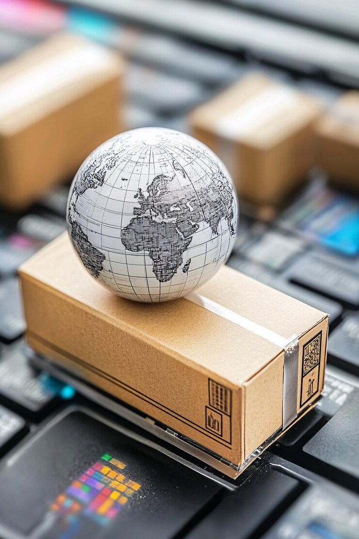 Simbolizando las compras en línea y el comercio electrónico, un pequeño globo se encuentra encima de una caja de paquetes de cartón en un teclado de portátil