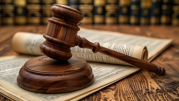 Foto simbolizando la justicia y la ley martillo de madera en documentos legales en la sala del tribunal concepto justicia legal ley martillo sala del tribunal