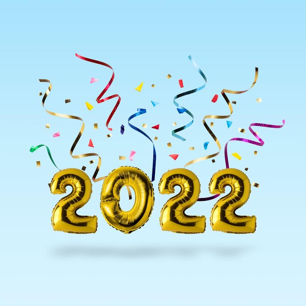 Símbolo 2022 de globos dorados con serpentinas
