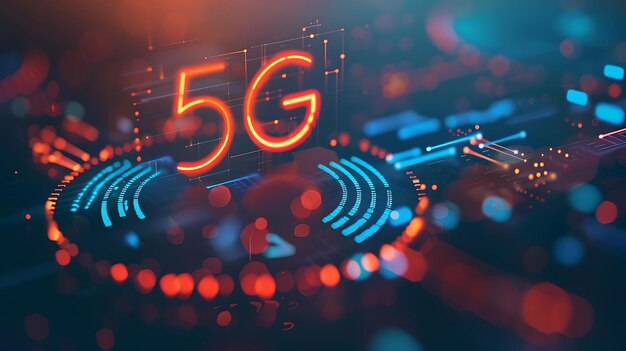 Foto símbolo 5g dinâmico brilhante em meio a partículas digitais futuristas coloridas