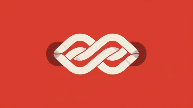 Un símbolo abstracto blanco de dos signos infinitos entrelazados en un fondo rojo