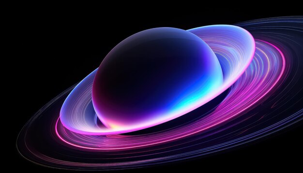 símbolo abstrato do planeta Saturno em forma geométrica com anéis ultravioleta brilhantes de luz neon