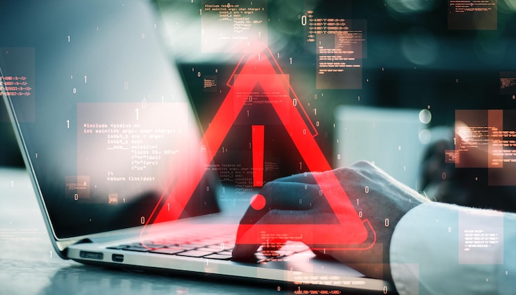 Foto símbolo de advertencia de exclamación roja sobre una computadora portátil con código en el fondo que representa un error digital o concepto de alerta
