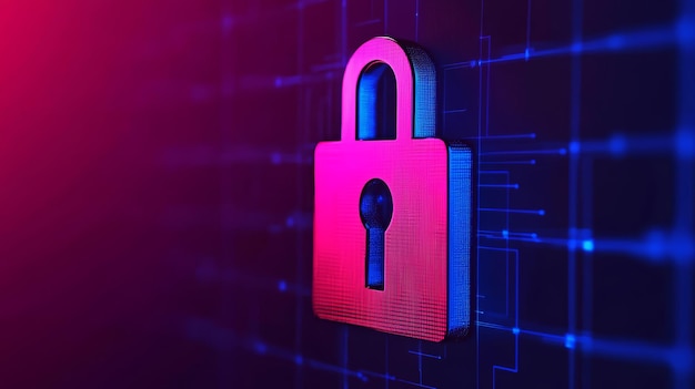 Símbolo anti-seguimiento con un candado digital en una cuadrícula brillante que significa seguridad de datos en línea