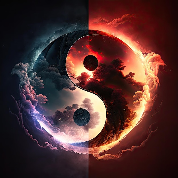 Símbolo de armonía de Yin Yang hecho de elementos naturales Agua de fuego Ying Yang Ilustración de IA generativa abstracta