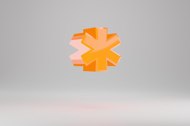 Símbolo de asterisco 3d de neón. Letrero de neón amarillo aislado sobre fondo blanco. Alfabeto que brilla intensamente de neón amarillo brillante. Carácter de fuente renderizado 3D.