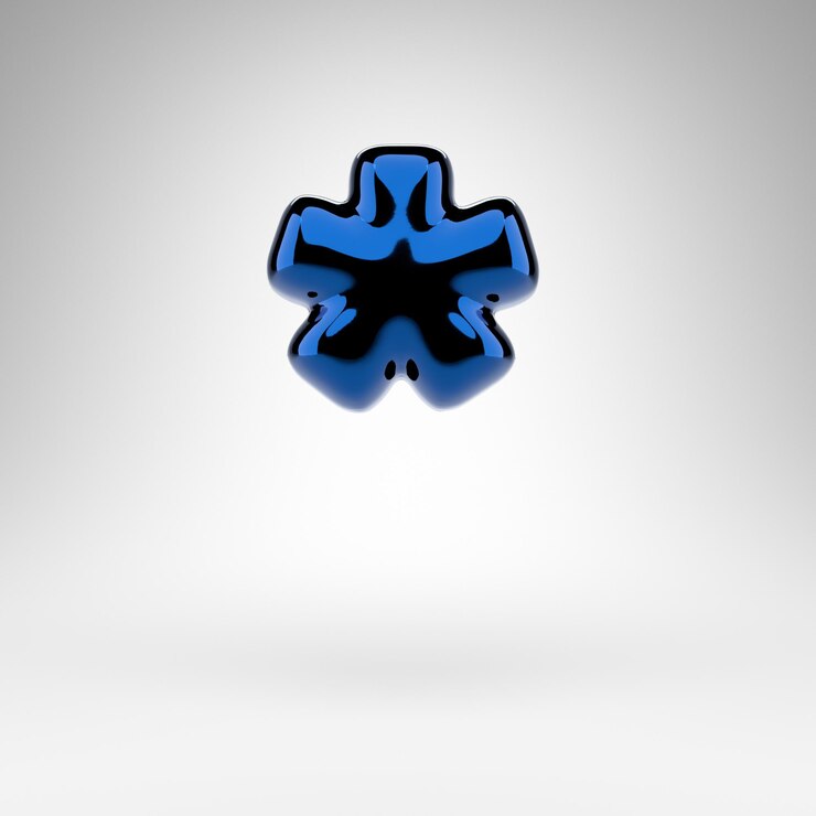 Foto símbolo de asterisco sobre fondo blanco. signo renderizado 3d cromado azul con superficie brillante.