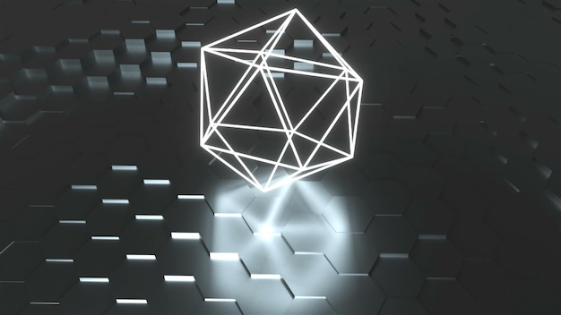 El símbolo del átomo de neón está en la superficie con una forma geométrica de icosaedro de fondo de renderizado 3d futurista de reflexión